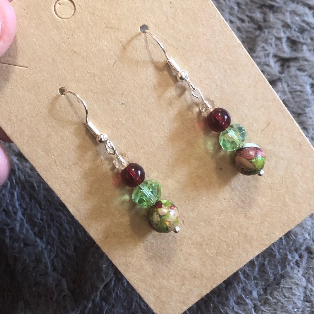 Handcrafted genuine stone almandine garnet unakite dangle earrings